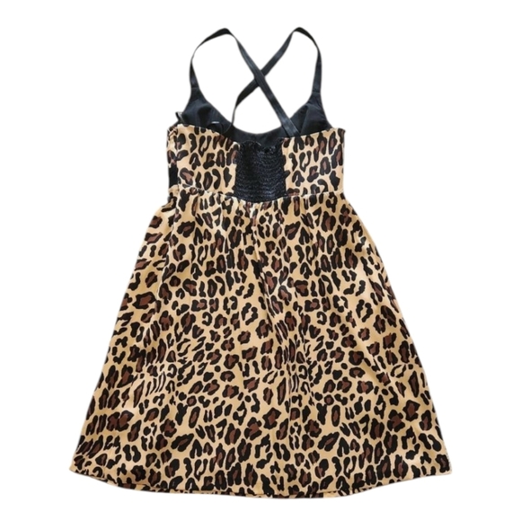 Animal Print 100% Silk Brown Black Babydoll Criss Cross Back Mini Dress Sz 4 - Picture 3 of 8